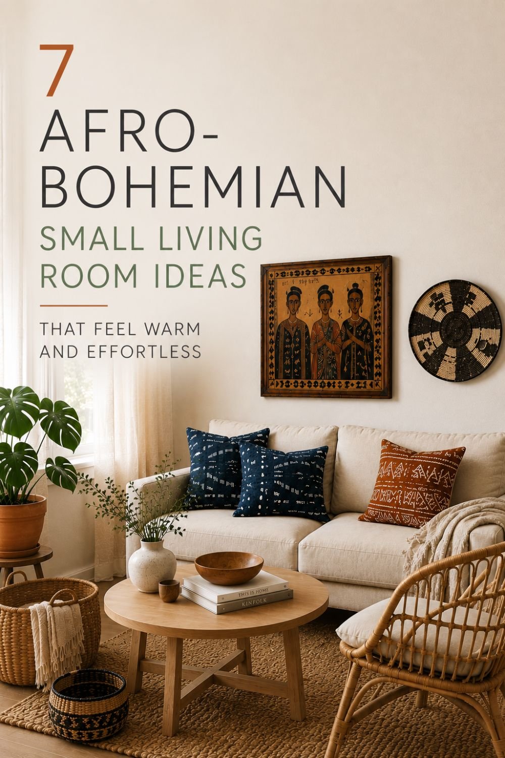 Editorial-style Pinterest graphic featuring a small Afro-bohemian living room with a linen sofa, indigo adire cushions, Ethiopian artwork, woven baskets, a rattan chair, and warm neutral decor in a calm, minimalist setting.