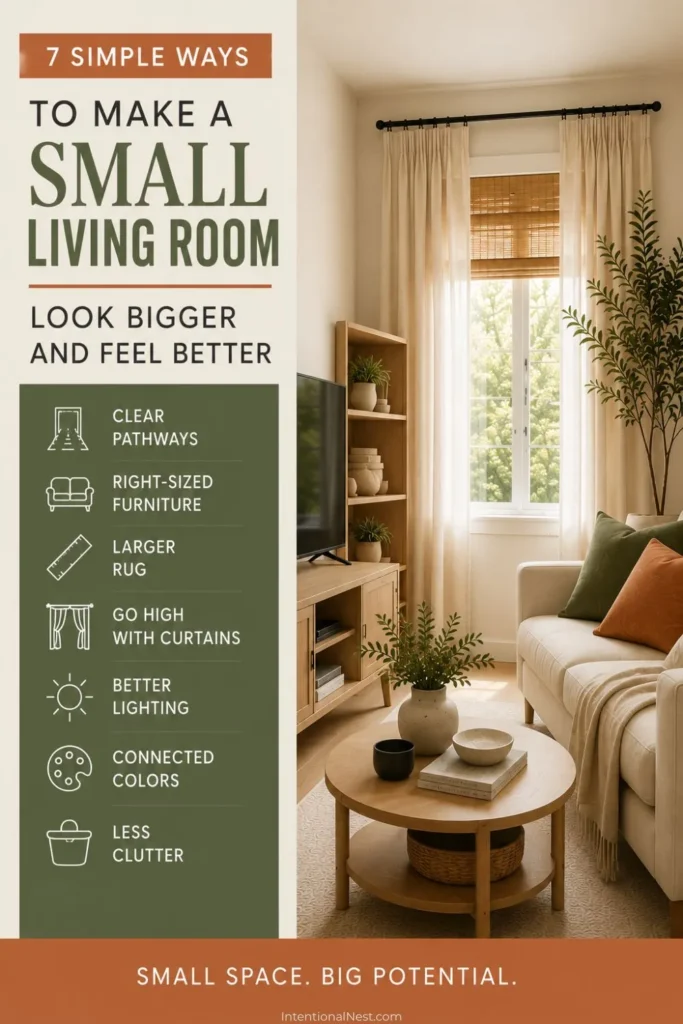 Split-layout graphic with a small living room checklist beside a bright room with high curtains, light wood furniture, a cream sofa, and an oval coffee table.