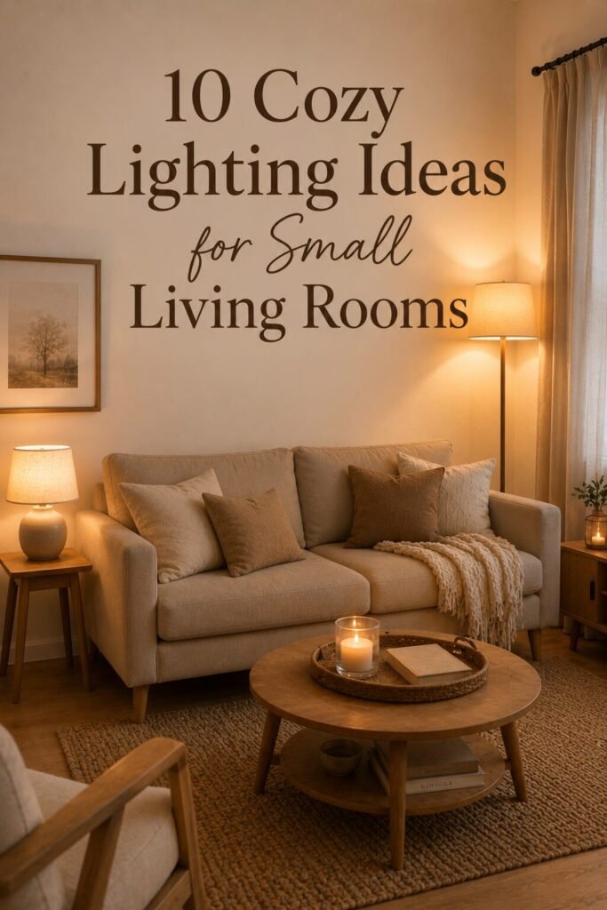 Neutral small living room with sofa, table lamp, and warm ambient lighting