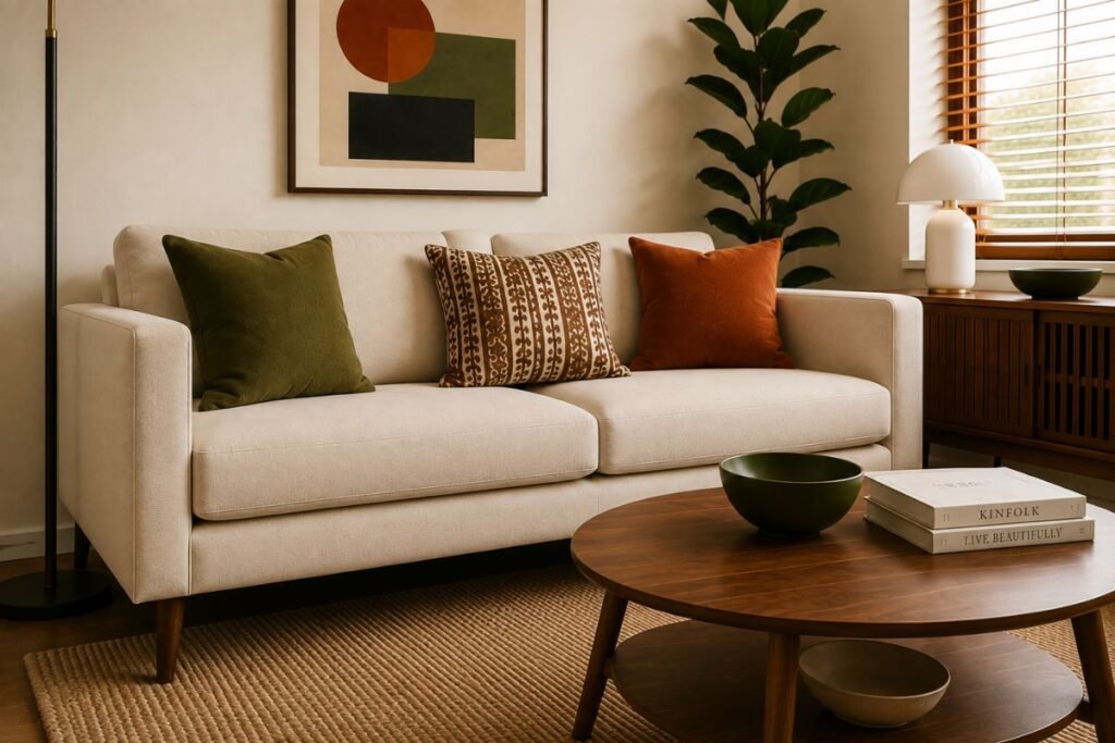 Compact cream sofa with slim arms, raised wood legs, structured cushions, and olive and rust pillows in a small living room.