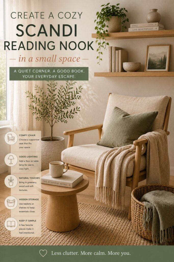 Small Scandi reading nook with a light wood armchair, cream upholstery, sage pillow, olive tree, side table, and woven basket
