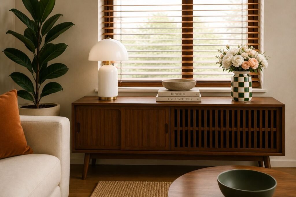 Low slatted walnut console styled with a small white table lamp and simple decor in a compact living room.
