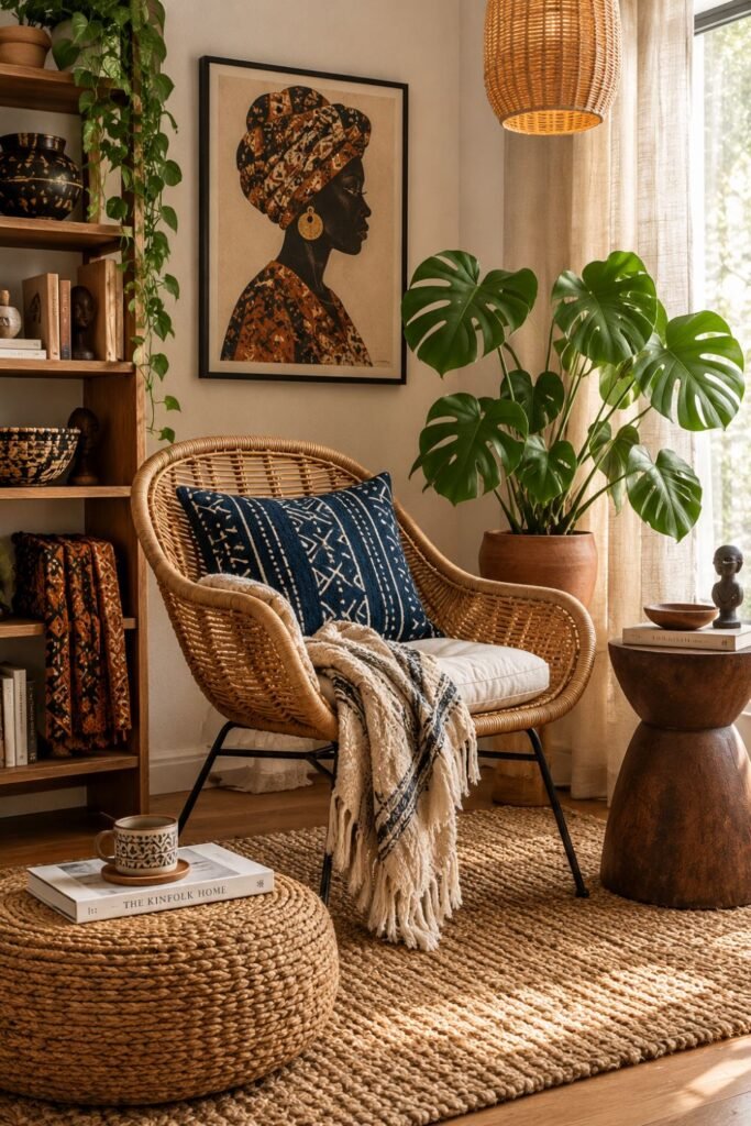 Afro-bohemian reading corner with a natural rattan chair, indigo patterned pillow, woven pouf, jute rug, terracotta planter, African-inspired artwork, wooden shelving, and soft natural light.
