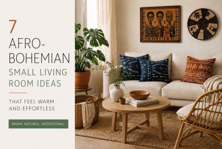 Small Afro-bohemian living room with a linen sofa, indigo adire pillows, rattan chair, woven baskets, Ethiopian artwork, and warm neutral decor.