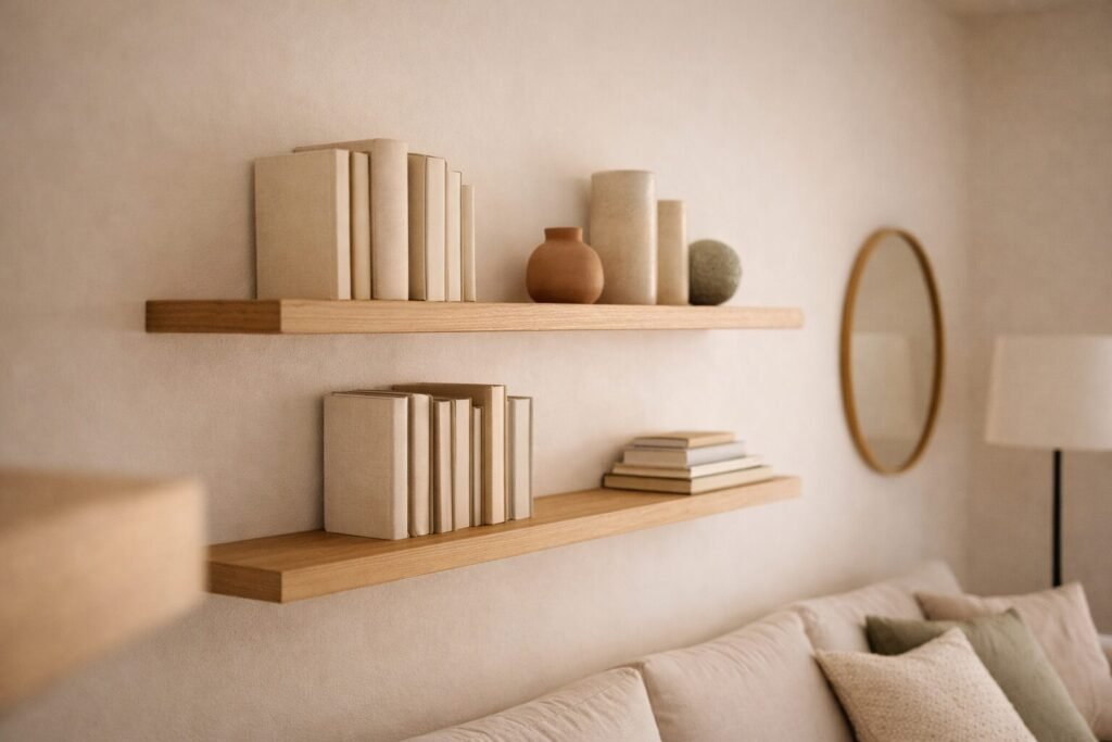 Calm compact living room with minimalist floating shelves with natural accents