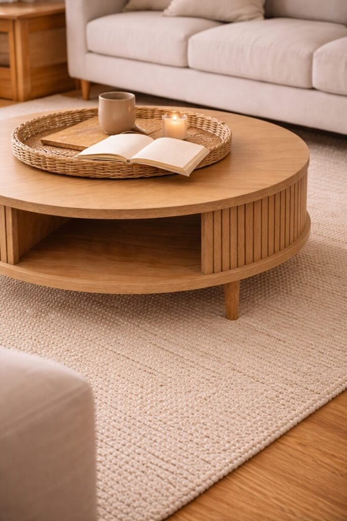 Calm living room coffee table setup with a solid drum base for storage