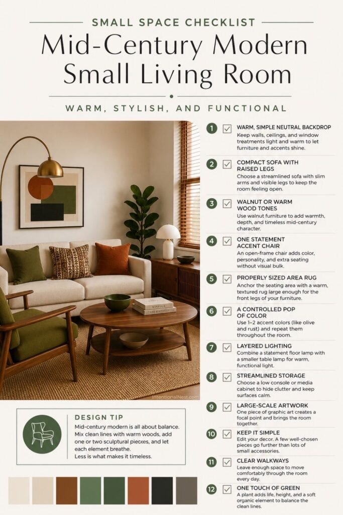 Mid-century modern small living room checklist with tips for furniture, color, lighting, storage, artwork, and layout.