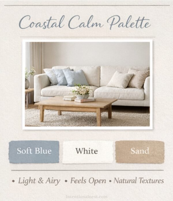 Soft blue small living room color palette with white and sand tones for a light, airy interior