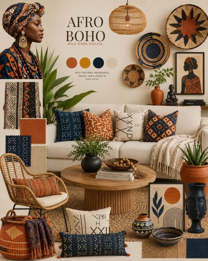 Colorful Afro-boho mood board featuring dark blue and orange textiles, woven baskets, patterned pillows, rattan furniture, African-inspired art, and warm natural materials.