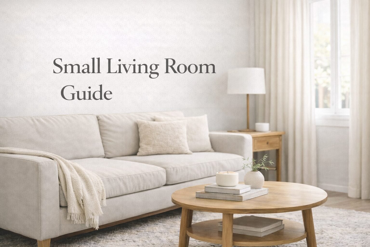 Small neutral living room with a linen sofa, round wood coffee table, and soft natural light, showing a calm and functional layout for compact spaces.