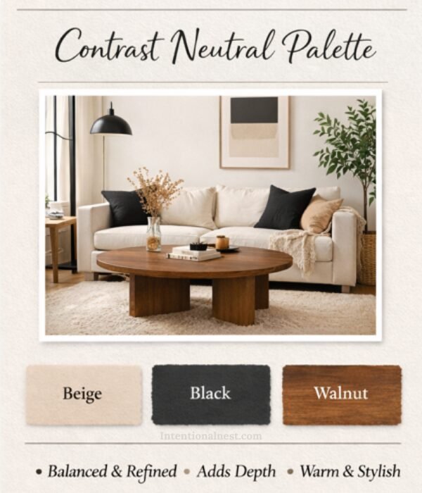 Neutral small living room color palette with beige, black, and walnut tones for a warm modern look