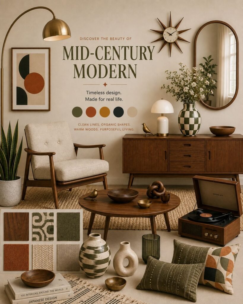 Muted Mid-Century Modern mood board with walnut furniture, an olive chair, brass accents, neutral textiles, ceramic decor, and a round mirror.