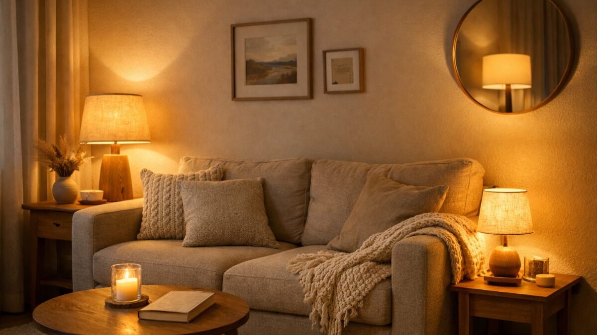 Cozy small living room with layered lighting including a floor lamp, table lamp, and warm ambient light.