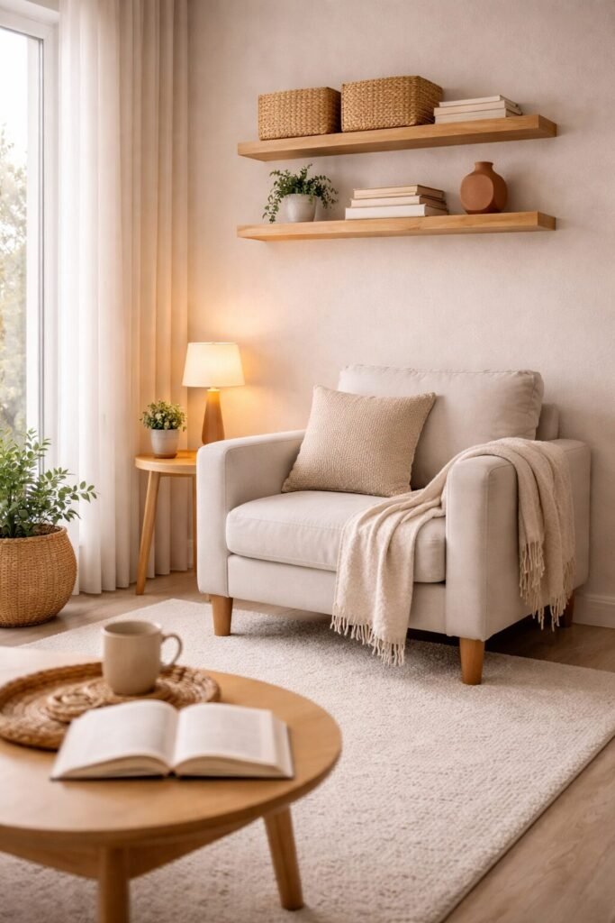 Cozy reading nook with cozy floating shelf display