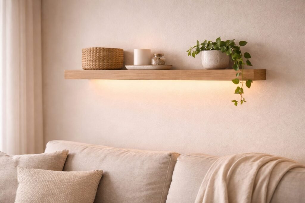 Cozy floating shelf with lighting strip