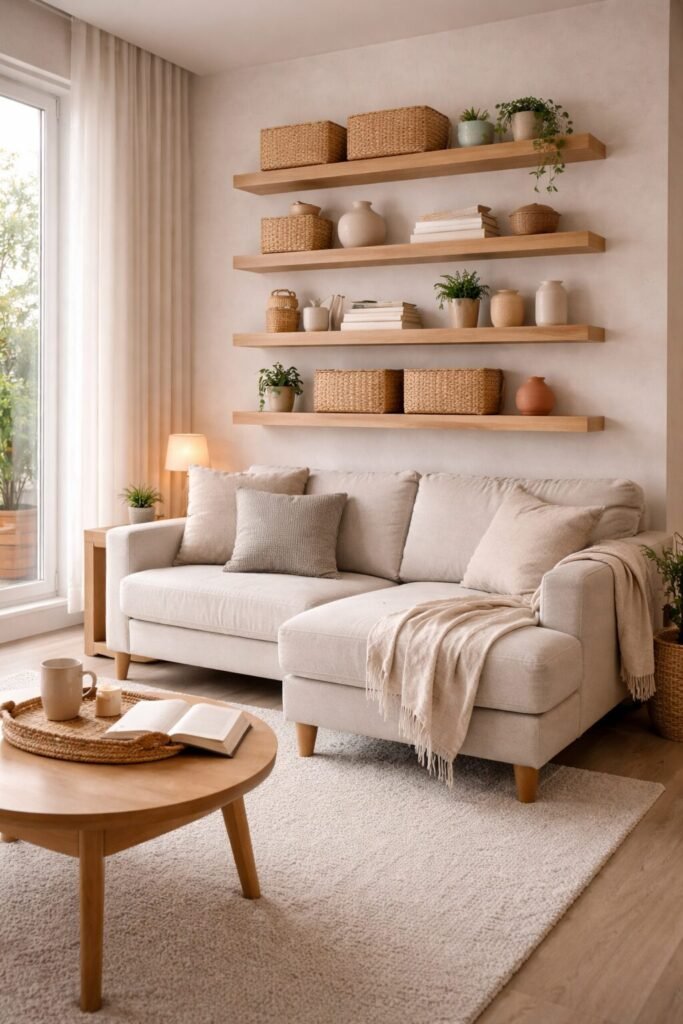 Cozy lounge with four floating shelves