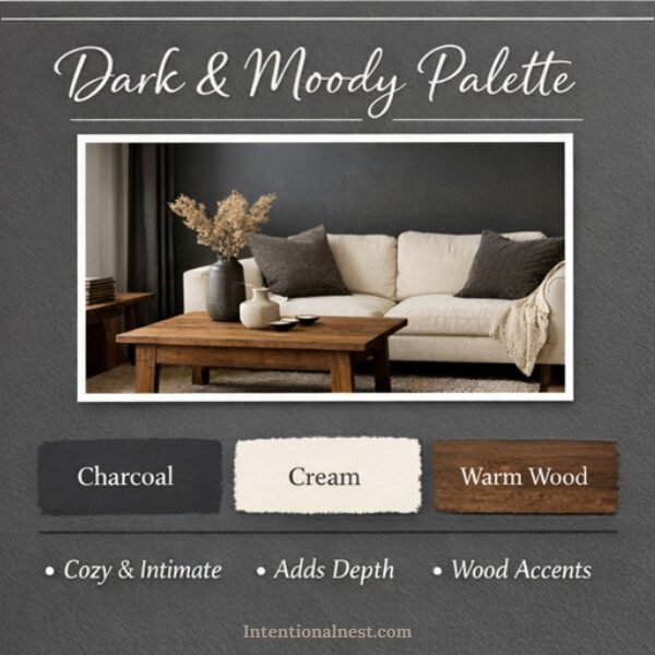 Dark small living room color palette featuring charcoal, cream, and warm wood tones in a cozy space
