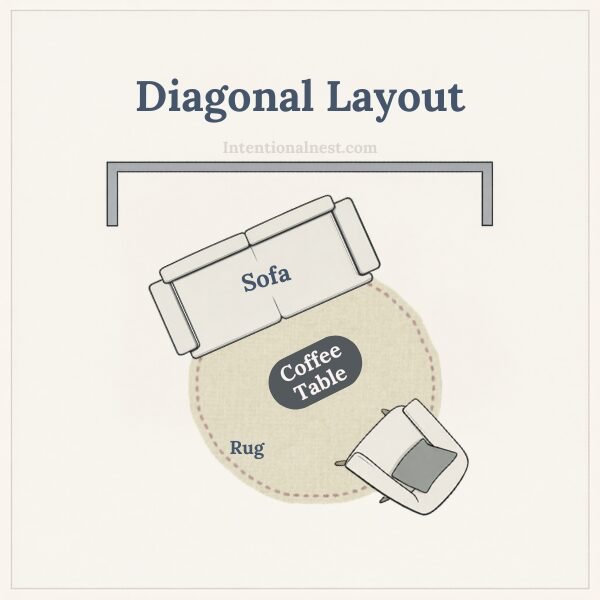 Top-down diagram of a small living room with a diagonal furniture layout featuring angled sofa and chair
