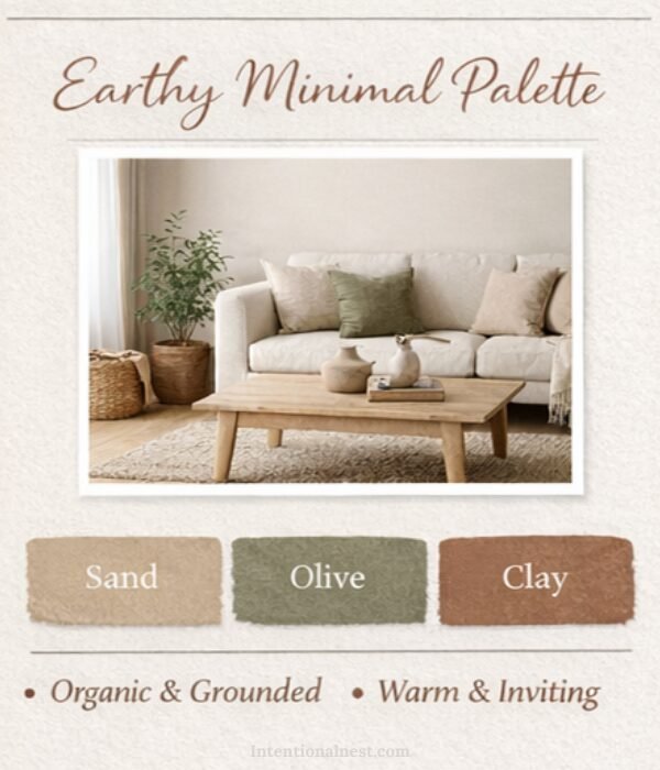 Earthy small living room color palette with sand, olive, and clay tones in a calm minimalist interior