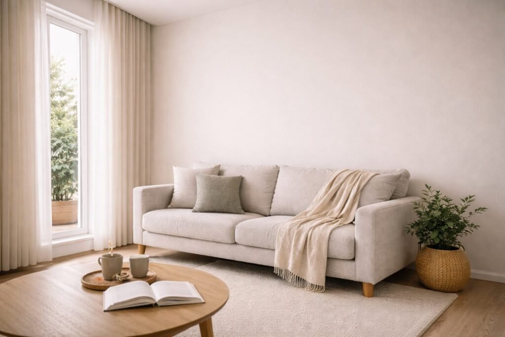 Empty wall behind elegant sofa in small living room