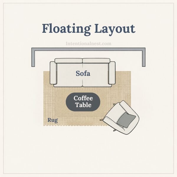 Top-down diagram of a floating furniture layout for a small square living room with sofa, chair, and coffee table centered on a rug