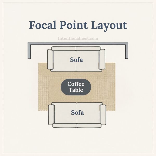 Top-down diagram of a small living room layout arranged around a central focal point with seating facing inward