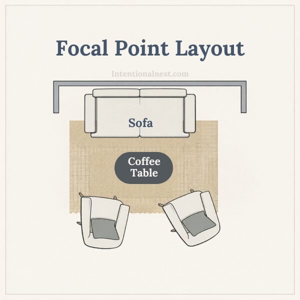 Top-down diagram of a small living room layout arranged around a coffee table as the central focal point with seating facing inward