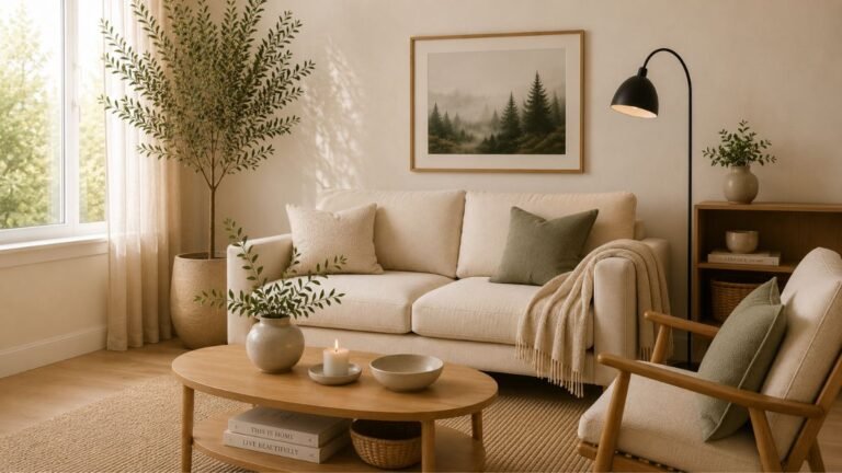 A complete view of a warm, uncluttered Scandi-inspired small living room. The cream sofa, oval light oak coffee table, natural textures, muted sage accents, and simple greenery create a calm and inviting space.
