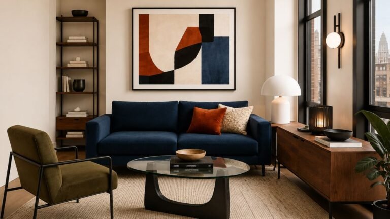 Modern small apartment living room with navy sofa, olive accent chair, glass coffee table, walnut console, and abstract wall art.