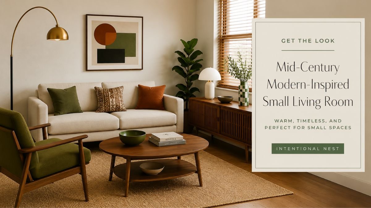 Mid-century modern-inspired small living room with a cream sofa, olive chair, walnut furniture, brass floor lamp, and rust accents.