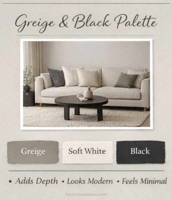 Greige and black small living room color palette with soft neutral tones and modern black accents