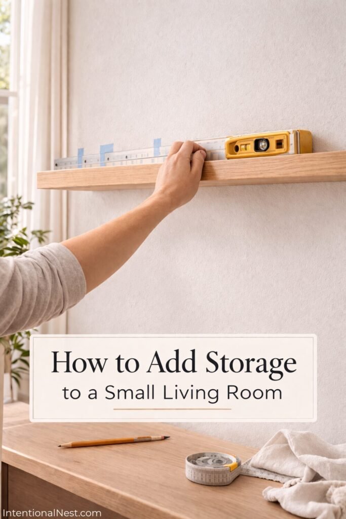 Close-up of floating shelf installation with level and tools on a warm white wall showing how to add wall storage.