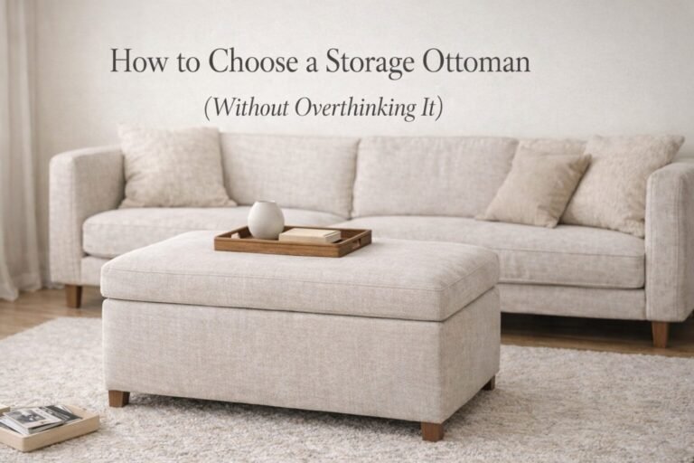 Neutral small living room with linen sofa and upholstered storage ottoman styled with tray and decor in a calm, minimal space