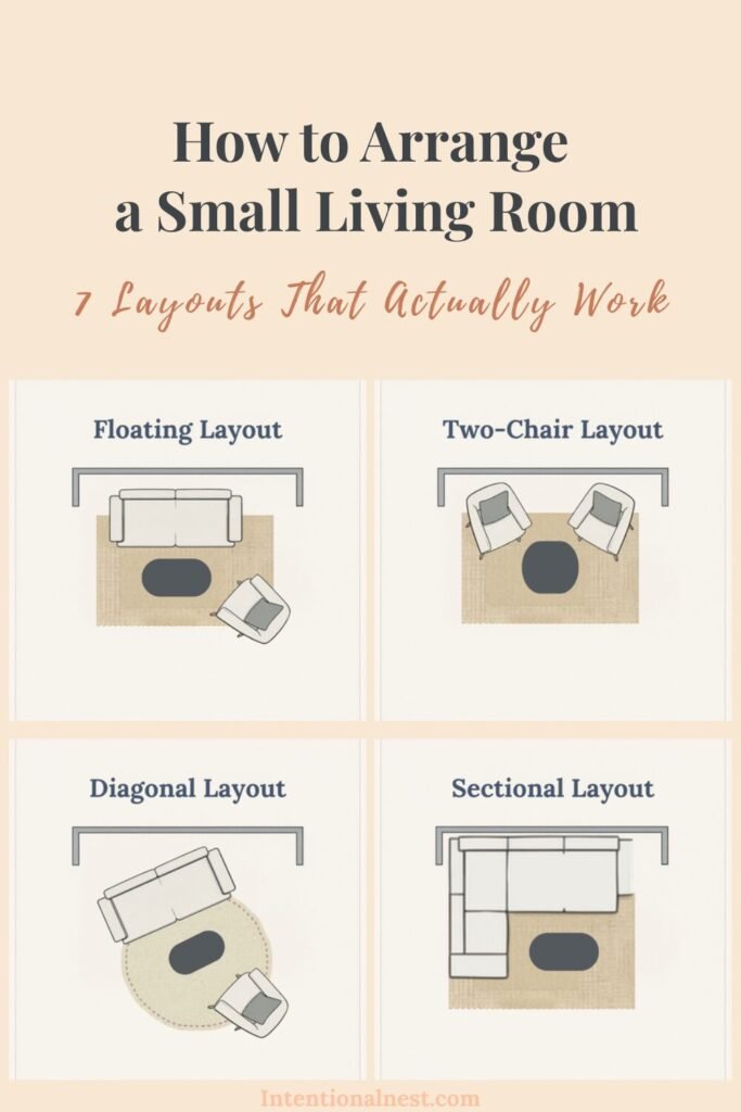 small living room layout ideas with diagrams showing 4 furniture arrangements for small spaces