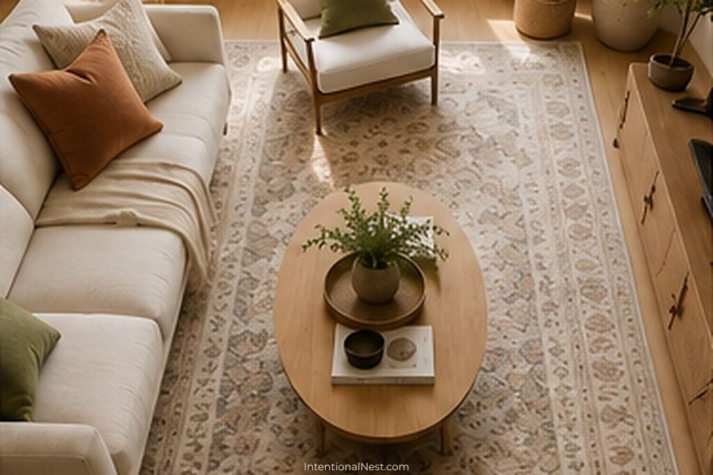Overhead view of a small living room with a large neutral rug connecting the sofa, chair, and oval coffee table.