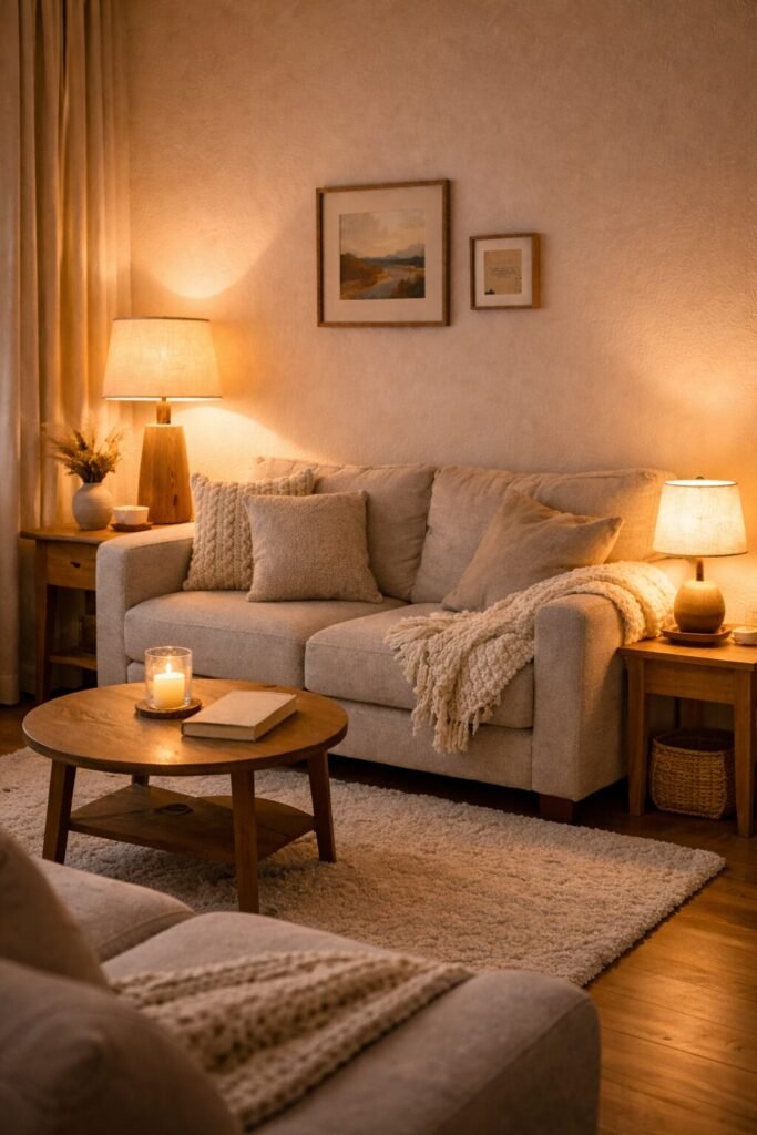 Small living room with layered lighting - table lamp, floor lamp, and candle creating a warm cozy space