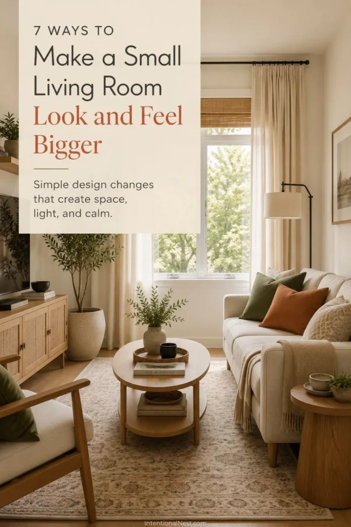 Bright small living room with a cream sofa, oval wood coffee table, large neutral rug, ceiling-height curtains, and olive and terracotta accents.