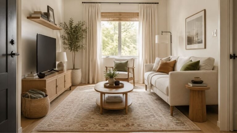 Bright small living room with a cream sofa, oval wood coffee table, large neutral rug, ceiling-height curtains, and olive and terracotta accents.