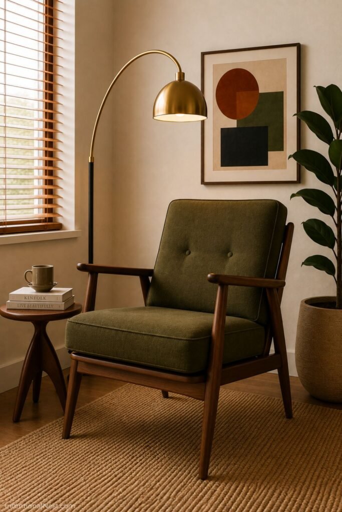 Olive green wood-frame accent chair with a slim side table and arc floor lamp in a small mid-century modern reading corner.