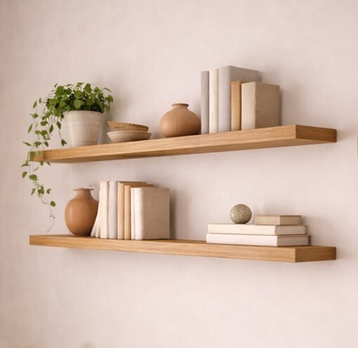 Two natural wood minimally styled floating shelves