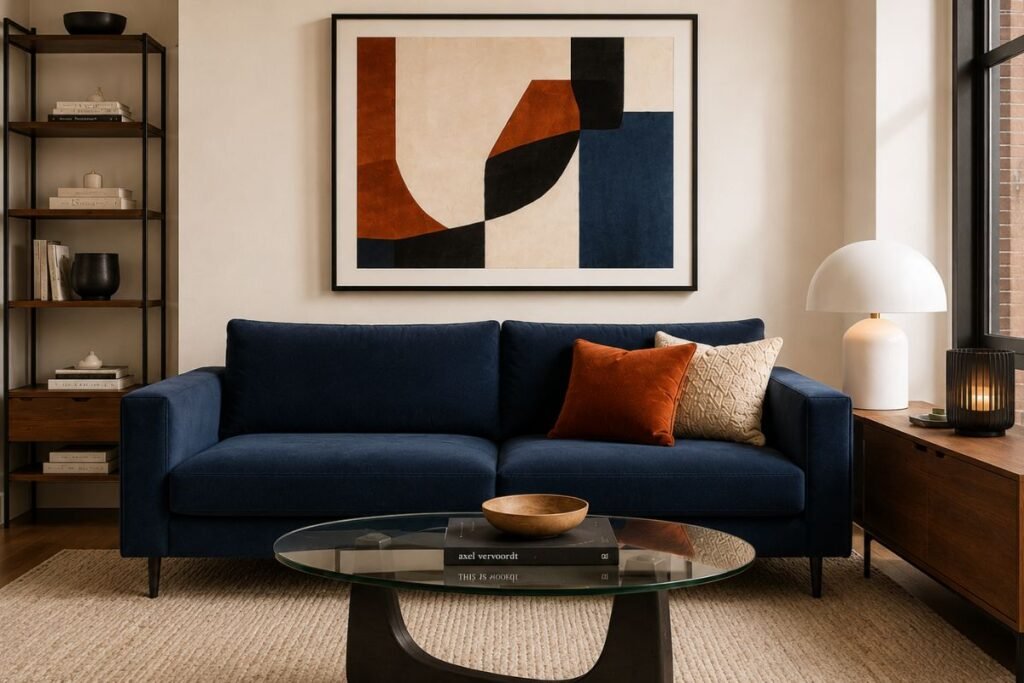 Deep navy modern sofa with rust and cream pillows beneath large abstract wall art in a small apartment living room.