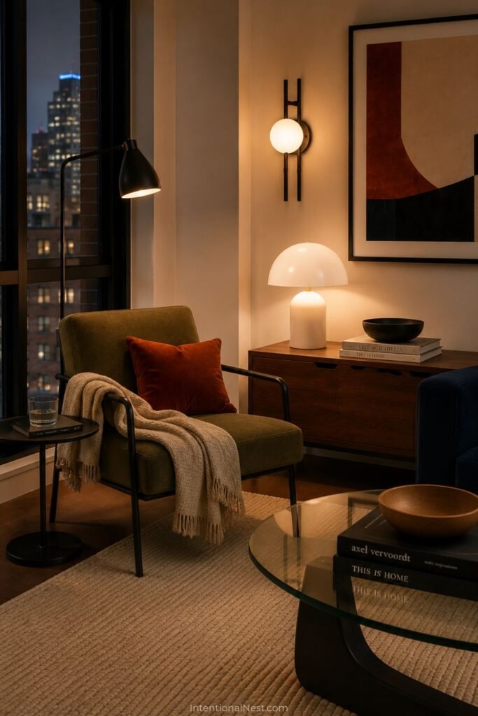 Olive accent chair with rust pillow, cream throw, side table, and reading lamp beside a window in a modern living room.