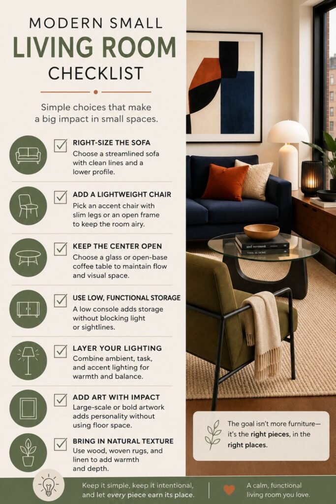 Modern small living room checklist with navy sofa, olive accent chair, glass coffee table, walnut storage, lighting, and bold artwork.