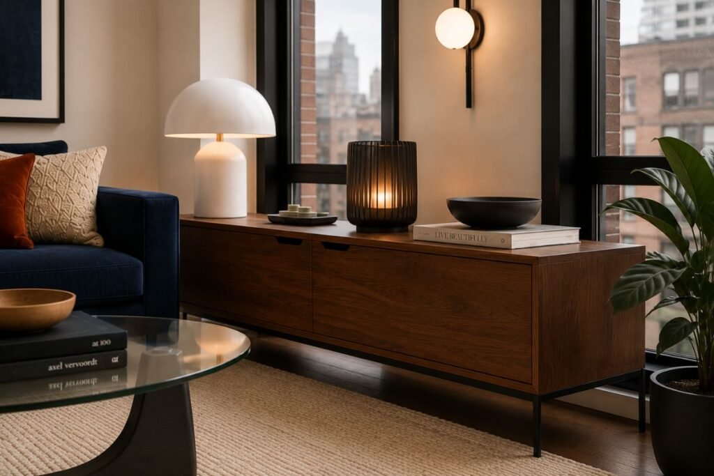 Walnut console with white dome lamp, black ambient light, wall sconce, books, and black bowl beside apartment windows.