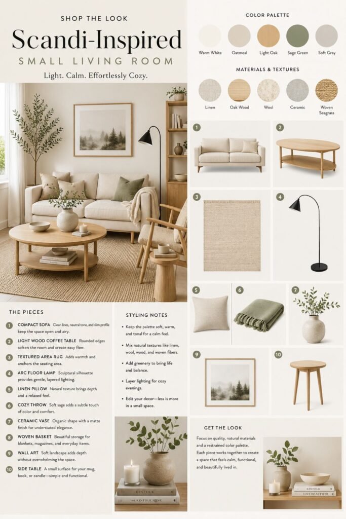 This Shop the Look mood board brings together the key furniture, colors, materials, and accessories needed to recreate a warm Scandinavian-style living room in a small space. It features a neutral sofa, light oak coffee table, textured rug, floor lamp, sage throw, ceramic decor, a beautiful prnt and small wooden side table.
