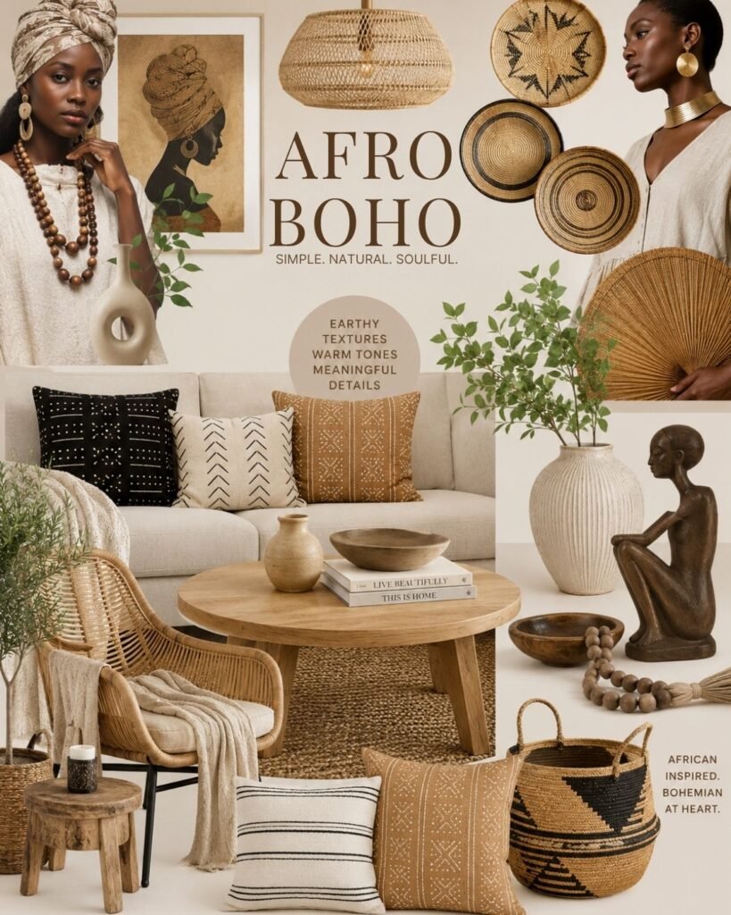 Neutral Afro-boho mood board with a linen sofa, rattan chair, woven baskets, patterned pillows, natural wood, sculptural decor, and warm earthy textures.
