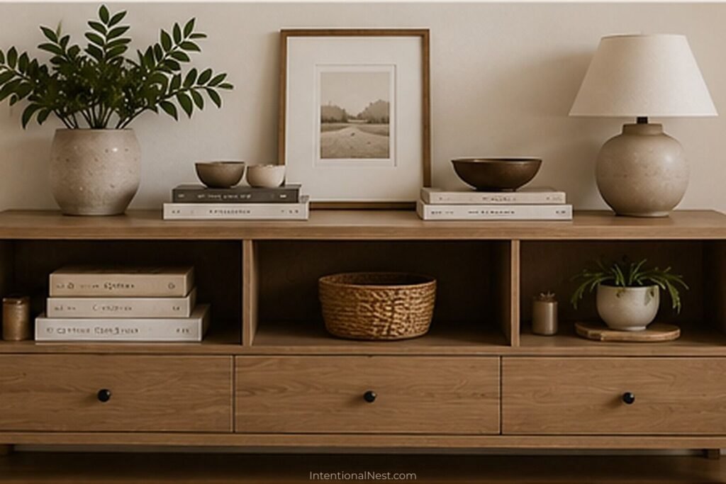 Light wood media console styled with books, ceramics, framed art, closed drawers, and open surface space.