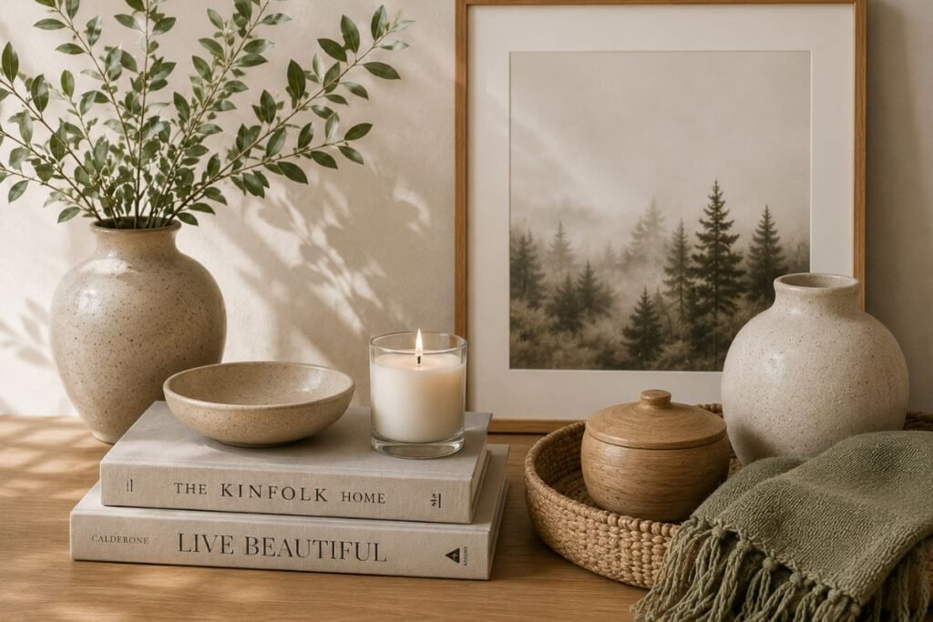with Natural Decor Light oak tabletop styled with ceramic vases, leafy branches, neutral books, a candle, woven basket, sage throw, and framed landscape art