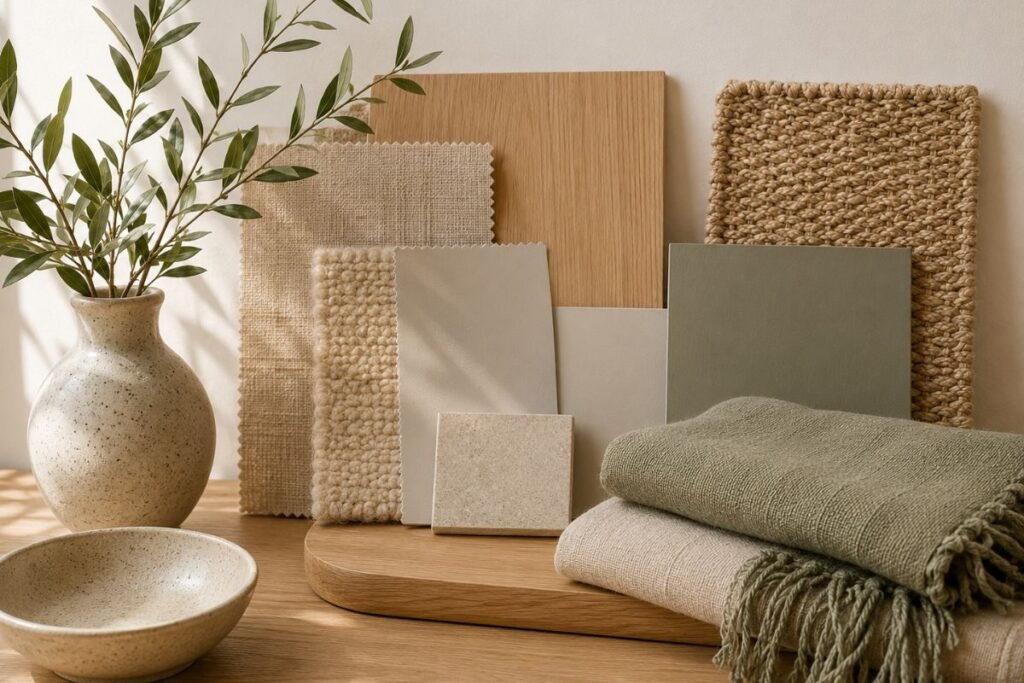 Scandi material samples including light oak, linen, wool, woven fibers, speckled ceramic, warm neutrals, and muted sage green
