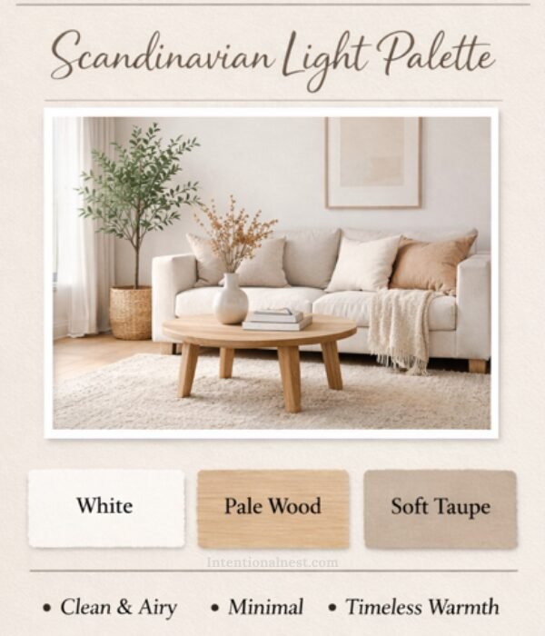 Scandinavian small living room color palette with white, pale wood, and soft taupe tones